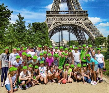 Students outside Eiffel Tower Paris