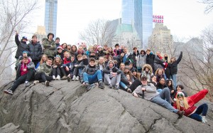 Students on Central Park boulder